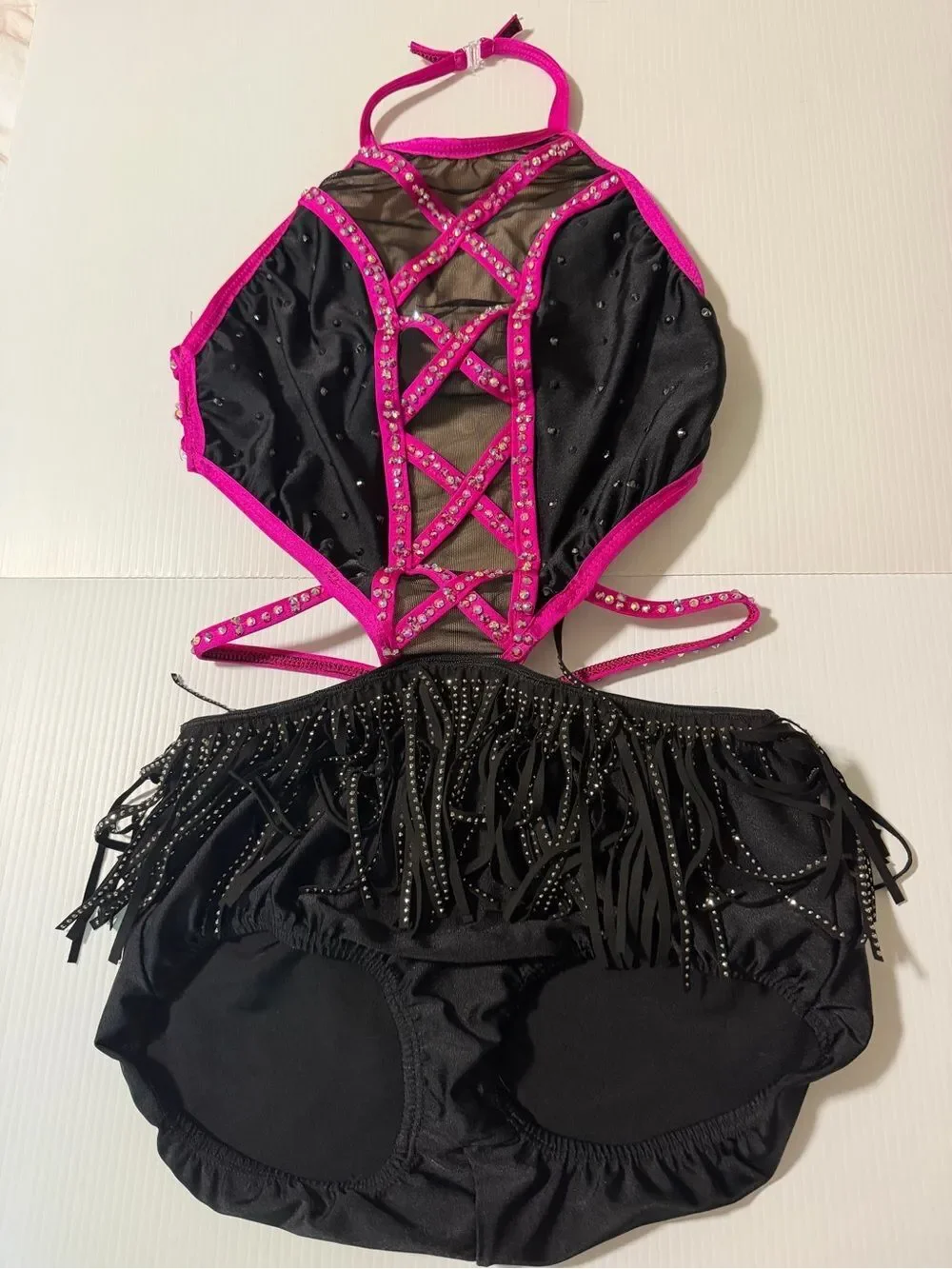 Pumpers jazz dance costume custom solo pink illusion black jazz fringe MA adult